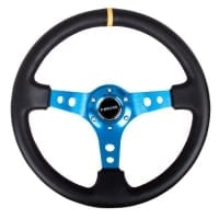 NRG Reinforced Steering Wheel – 350mm Sport Steering Wheel (3″ Deep) – Blue Spoke w/ Round holes / Black Leather with yellow center marking