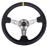 NRG Reinforced Steering Wheel – 350mm Sport Steering Wheel (3″ Deep) – Gun Metal Spoke w/ Round holes / Black Leather / Yellow Center Mark