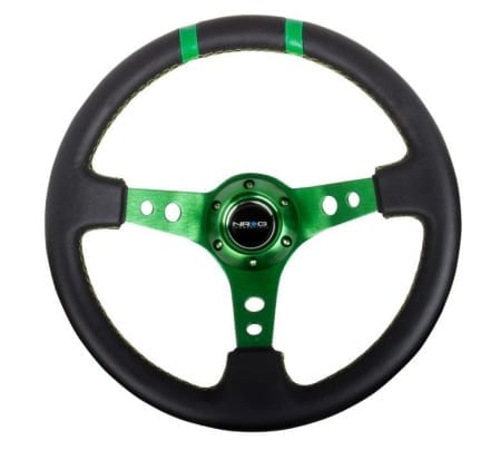 NRG Reinforced Steering Wheel- 350mm Leather Sport Steering Wheel (3″ Deep) Green Spoke w/ Green Double Center Marking