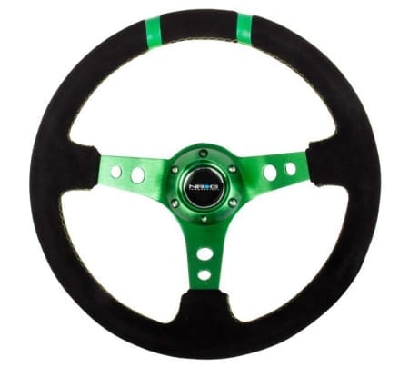 NRG Reinforced Steering Wheel- 350mm Suede Sport Steering Wheel (3″ Deep) Green Spoke w/ Green Double Center Marking