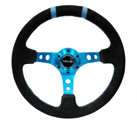 NRG RACE STYLE- 350mm Suede Sport Steering Wheel (3″ Deep) New Blue w/ New Blue Double Center Marking