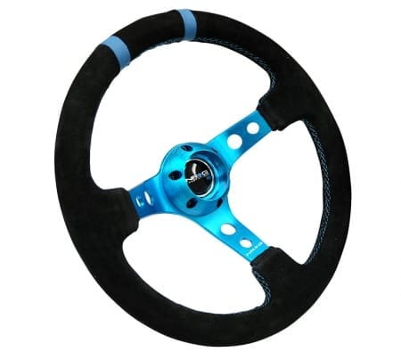 NRG RACE STYLE- 350mm Suede Sport Steering Wheel (3″ Deep) New Blue w/ New Blue Double Center Marking