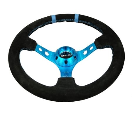 NRG RACE STYLE- 350mm Suede Sport Steering Wheel (3″ Deep) New Blue w/ New Blue Double Center Marking