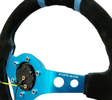 NRG RACE STYLE- 350mm Suede Sport Steering Wheel (3″ Deep) New Blue w/ New Blue Double Center Marking