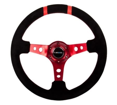 NRG RACE STYLE- 350mm Suede Sport Steering Wheel (3″ Deep) Red w/ Red Double Center Marking