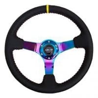 NRG 350mm Sport wheel – Black Leather, Red Baseball Stitch, Neochrome – Yellow stripe