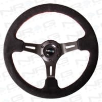 NRG Black Suede Steering Wheel (3″ Deep), 350mm, 3 spoke center in Black w/ Red Stitch