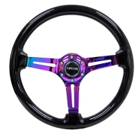 NRG Reinforced Steering Wheel (350mm / 3in Deep) Classic Blk Wood Grain w/Neochrome 3 Split Spoke Center