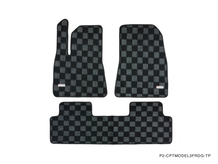 P2M TESLA MODEL 3 FRONT+REAR CHECKERED FLOOR MAT : DARK GREY