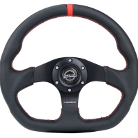 NRG Reinforced Steering Wheel (320mm) Sport Leather Flat Bottom w/ Red Center Mark/ Red Stitching