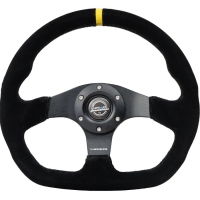 NRG Reinforced Steering Wheel (320mm) Sport Suede Flat Bottom w/ Yellow Center Mark