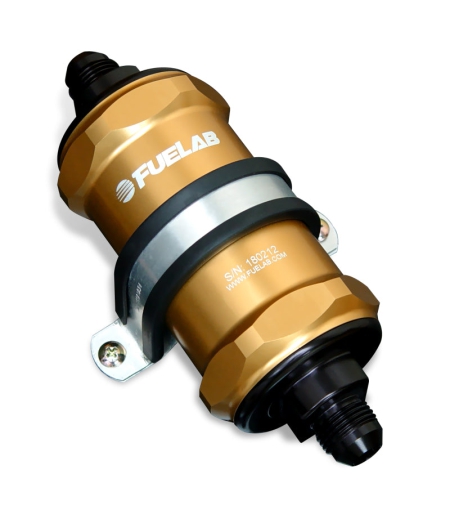 Fuelab 818 In-Line Fuel Filter Standard -6AN In/-8AN Out 40 Micron Stainless – Gold