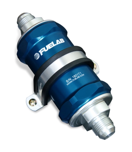 Fuelab 818 In-Line Fuel Filter Standard -6AN In/-8AN Out 40 Micron Stainless – Blue