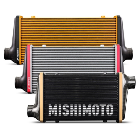 Mishimoto Gloss Carbon Fiber Intercooler – 525mm Gold Core – Straight Flow tanks – Silver V-Band