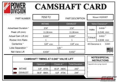 GSC Power Division 274/274 Billet T2 Camshafts – Nissan 350Z / Infiniti G35 VQ35DE